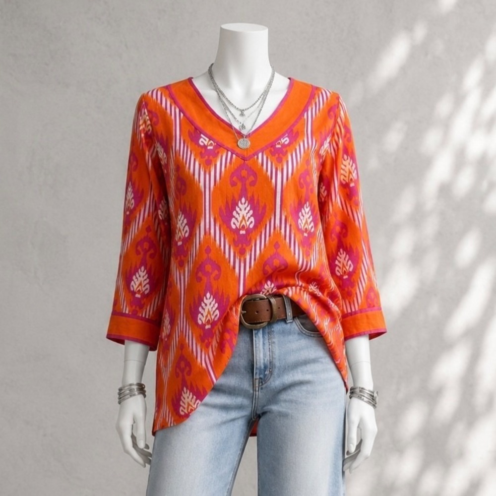 Gretchen Scott Top M Orange Purple Ikat Batik V Neck Cotton Resort Tunic - Picture 12 of 14